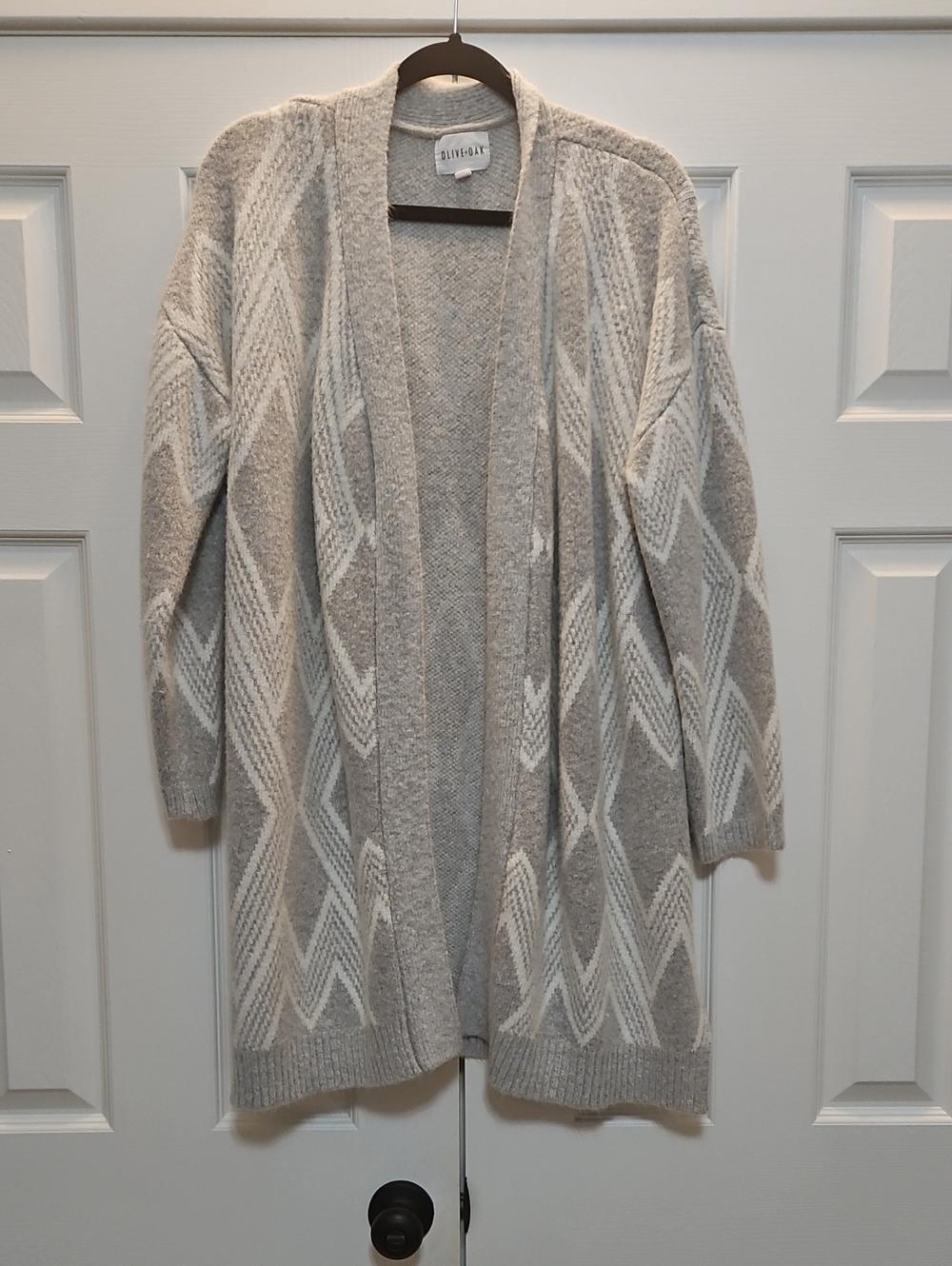 Olive & Oak Gray & White Open-Front Geometric Knit Cardigan XL Womens EUC